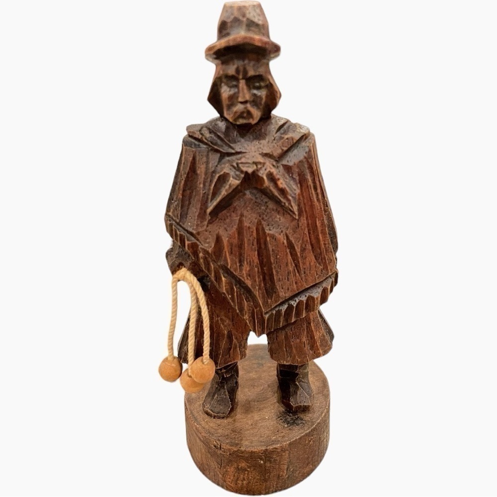 Vintage Hand Carved Wood Man with Whip Dark Wood Gaucho Figure Old Man Statuette